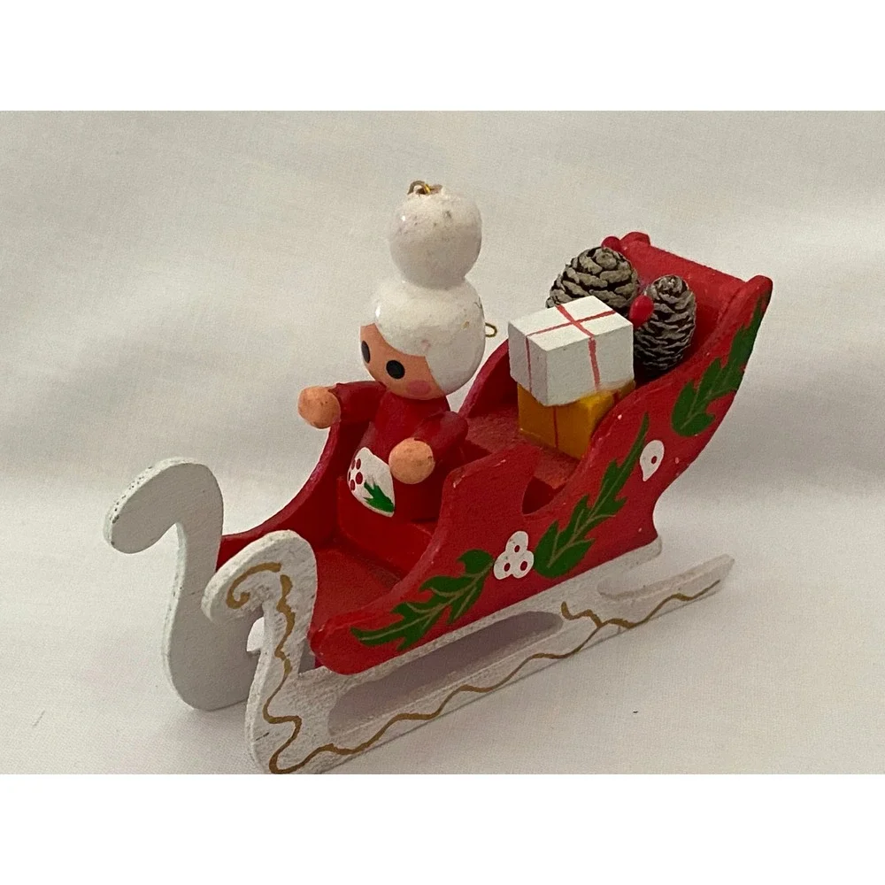 Vintage Painted Wooden Christmas Ornaments ~Rocking Horse Angel Santa Sleigh
